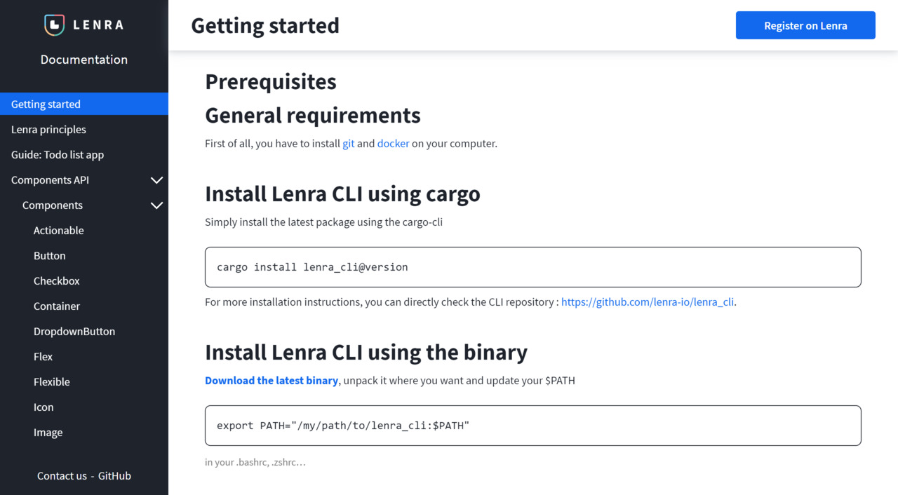 A screenshot of the getting started documentation page